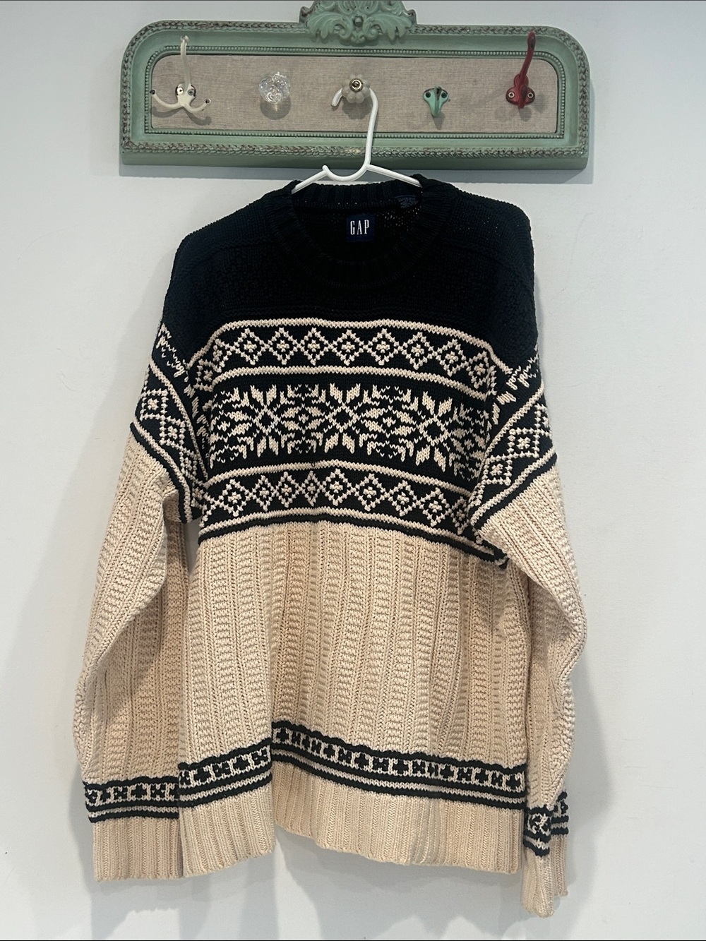 GAP vintage 2001 Y2K Black Cream cotton Fair Isle Crewneck Sweater men’s large
